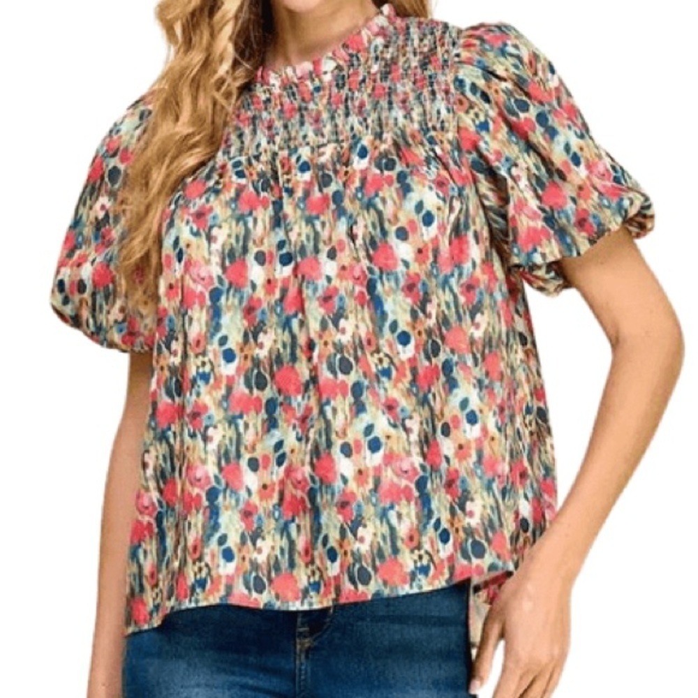 TCEC GREEN FLORAL SMOCK TOP puff sleeve cotton size medium